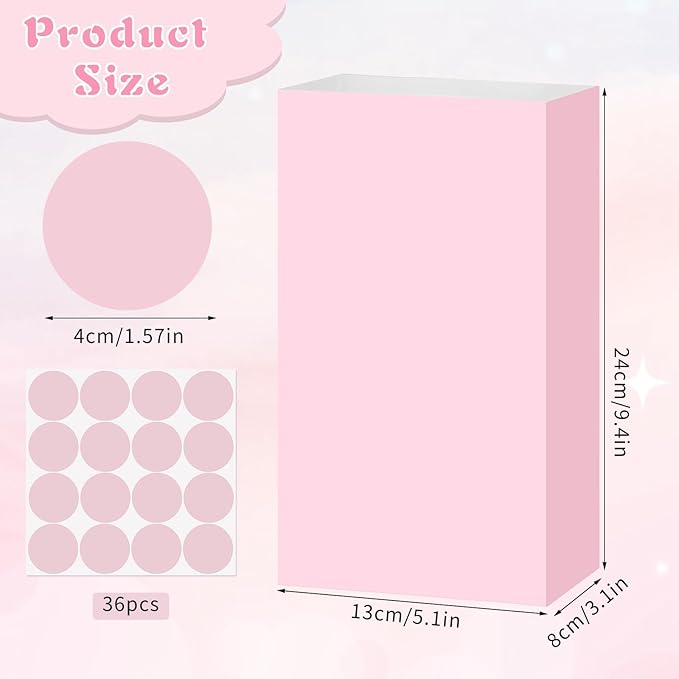 woric 36PCS Pink Paper Bags with Stickers, Small Pink Party Favor Bags for Girls Birthday Self Stand Easter Goodie Gift Bag for Kids Baby Shower Wedding