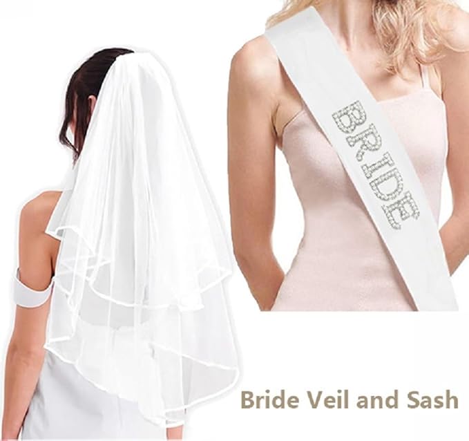 4PCS Pearl Bride to Be Sash and Veil Bride Ring Champagne Balloons Bridal Shower Sashes and Veils Accessories for Bachelorette Engagement Wedding Party Decorations
