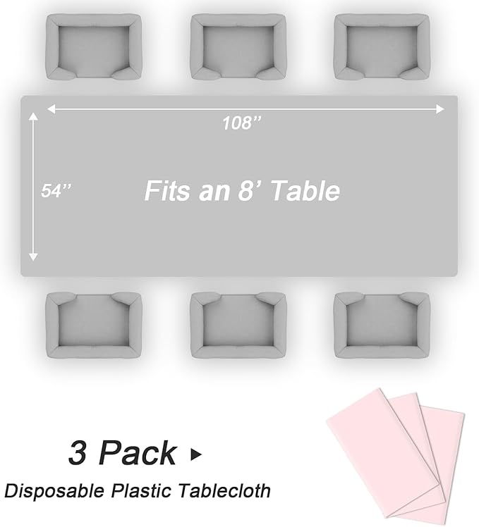 QIKSION Pink Plastic Table Cloth Disposable 3 Pack, 54 x 108 Inch Tablecloths for Valentines, Easter, Mothers Day Decorations, Baby Shower Birthday Party, Rectangle Table Cover