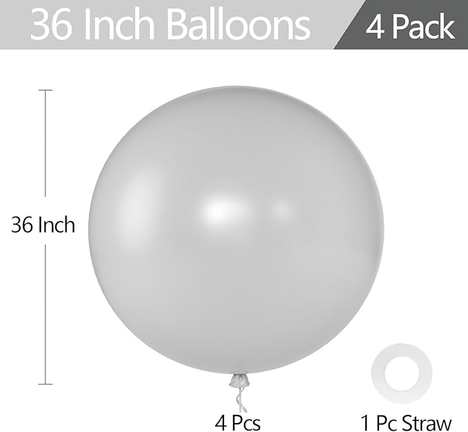 KALOR Gray Giant Balloons 36 Inch Large Latex Balloons, 4 Pack Jumbo Round Helium Balloon for Birthday Bridal Shower Wedding Baby Shower Party Decorations