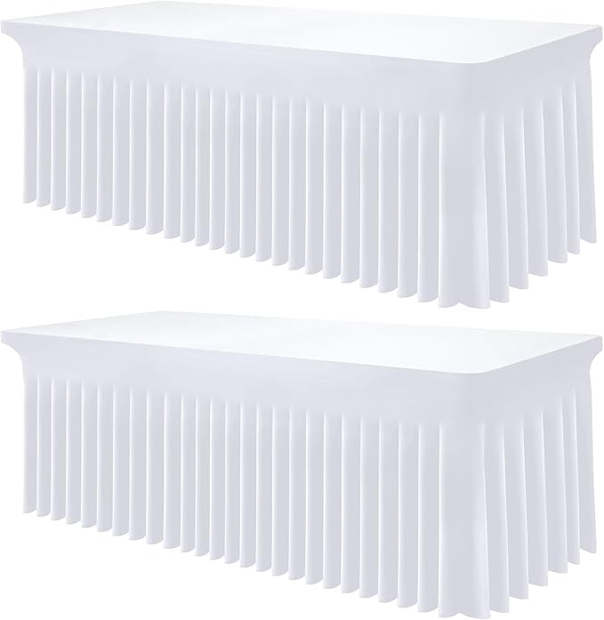 Smiry Spandex Tablecloth 2 Pack, Elastic Fitted Stretch Tablecloth for 8FT Rectangle Tables, Waterproof Washable Table Cover Skirt for Outdoor, Wedding, Banquet & Parties (White, 96Lx30Wx30H Inch)