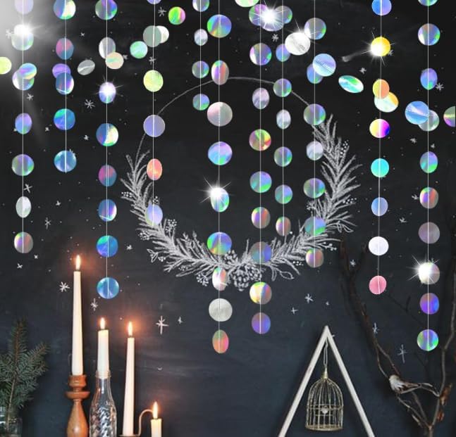 Iridescent Circle Dots Garlands Decorations, 52 Feet, Glitter Disco Garland Hanging Banner for Christmas Party, Anniversaries, Wedding, Birthday Parties, Graduations Parties, Baby Showers(Iridescent)