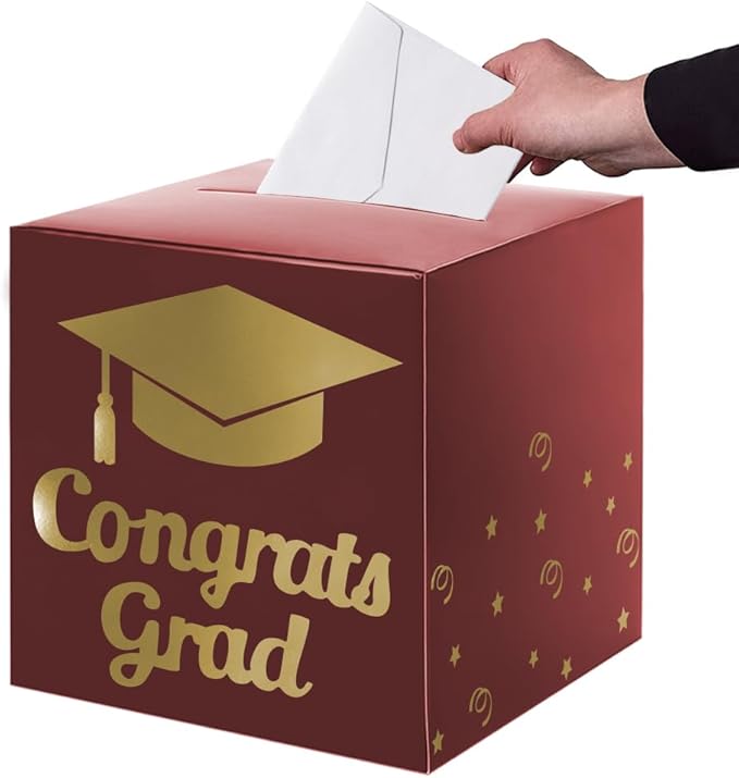 Graduation Card Box Holder, Congrats Grad Foldable Cardboard Decorations Box for Graduation Party Decoration and Grad Parties (Maroon)