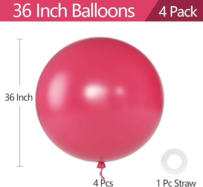 KALOR Retro Hot Pink Giant Balloons 36 Inch Large Latex Balloons, 4 Pack Jumbo Round Helium Balloon for Birthday Bridal Shower Wedding Baby Shower Party Decorations