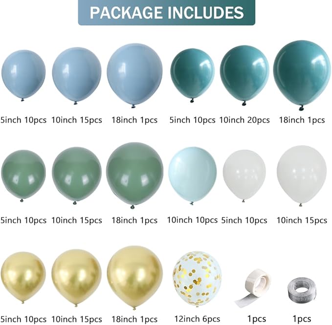 Dusty Blue Sage Green Balloon Garland Arch Kit with152Pcs Pastel Fog Blue Beige Gold Confetti Balloons for Boho Birthday Wedding Baby Bridal Shower Party Decorations