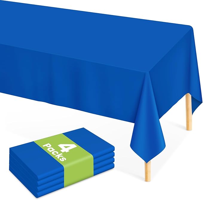 Mulbozy Blue Plastic Table Cloth Disposable 4 Pack, 54 × 108 Inch Tablecloths Rectangle, Royal Blue Plastic Table Cover for Party Decor