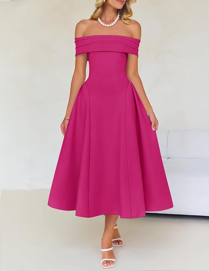 ZESICA Summer 2026 Cocktail Dresses for Women's Off Shoulder Short Sleeve Swing A Line Wedding Evening Party Midi Dress