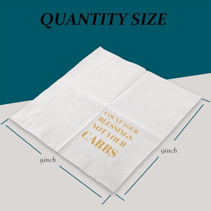 Funny Cocktail Napkins 100Pcs Funny Quotes Saying Disposable Paper Party Napkins 4.5 x 4.5 Two-ply (Count Your Blessings Not Your Carbs Napkins)