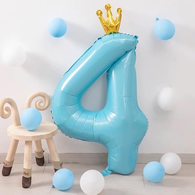 Blue Number 4 Balloon with Crown, 40 inch Blue Number Balloon 4th Birthday Party Decoration BlueCrown Balloons 0-9 for Birthday Party Anniversary Decorations Supplies