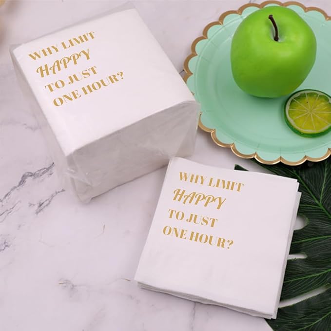 Funny Cocktail Napkins 100Pcs Funny Quotes Saying Disposable Paper Party Napkins 4.5 x 4.5 Two-ply (Why Limit Happy To Just One Hour Napkins)