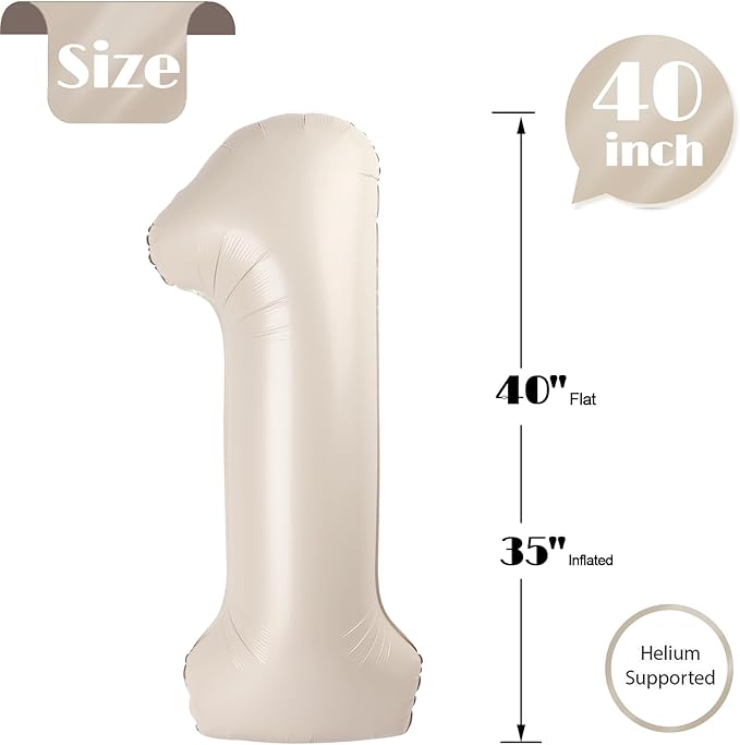 Cream Number 1 Balloon 40 Inch, 1st Birthday Balloon for Baby Boy Girl Toddler First Birthday Decorations, Shiny Cream Party Supplies