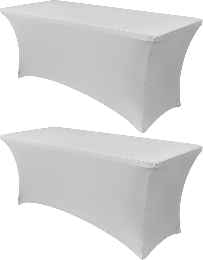 Obstal 8Ft Stretch Spandex Table Cover for Standard Folding Tables - 2 Pack Universal Rectangular Fitted Tablecloth for Party, Banquet, Events, Trade Show (Silver, 96L x 30W x 30H Inches)