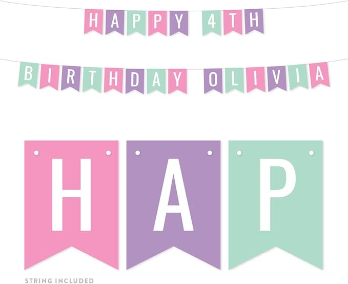 Andaz Press Personalized Hanging Pennant Banner Party Decorations, Pink, Lavender, Seafoam Mint Green, Happy 4th Birthday Olivia, 1-Pack, Approx. 5-Feet, Custom Name and Number
