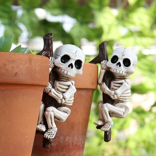 Halloween Skeleton Garden Statue Outdoor Halloween Decor, 2 Pack Gothic Decor Skeleton Plant Decorations for Pots, Cute Ghost Figurine Resin Sculpture for Desk Garden Patio Lawn Yard (C)
