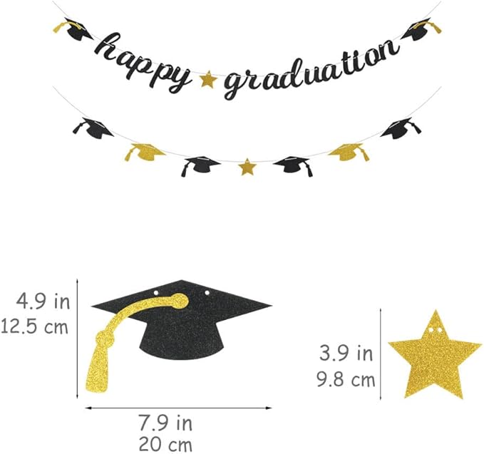 Happy Graduation Glitter Banner Graduation Congratulations Party Decorations Black Gold