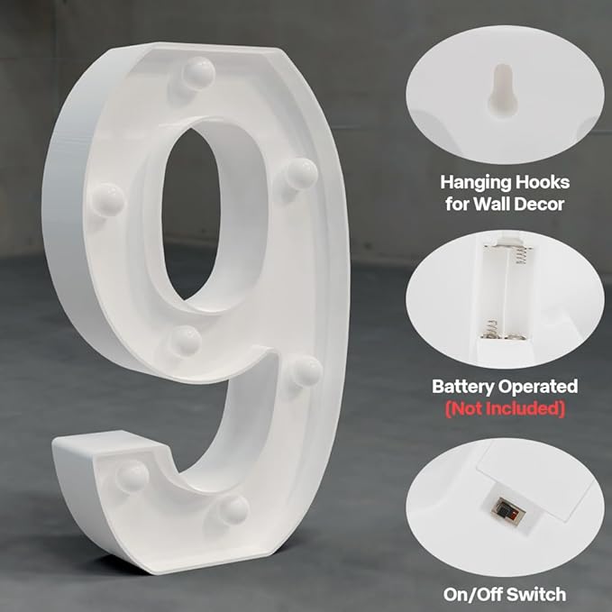 Marquee Numbers Light up Numbers, 0-9 Number Battery Powered LED Light, White Plastic Numbers Sign, Night Light Number Decor for Graduation Engagement Wedding Baby Shower Birthday (Number 9)