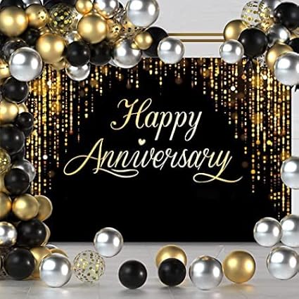 Happy Anniversary Backdrop Party Decorations, Black Gold Glitter Bokeh Dots Wedding Anniversary Party Photo Background Cake Table Banner Extra Large Wall Decor Props 6 * 4ft Valentine's Day