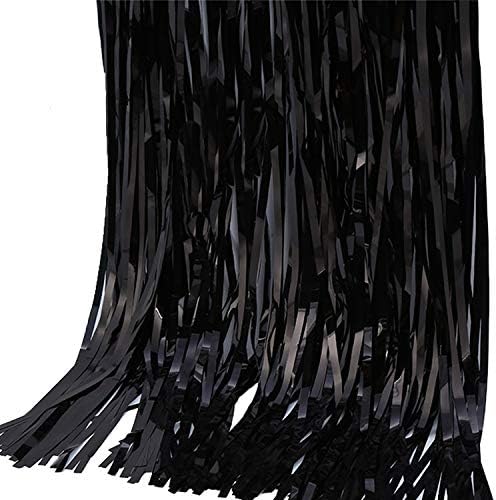 2 Pack 3ft x 8ft Foil Fringe Backdrop Metallic Tinsel Door Window Curtain Party Photo Booth Props for Birthday Bachelorette Wedding Graduation Party Decorations (Black)