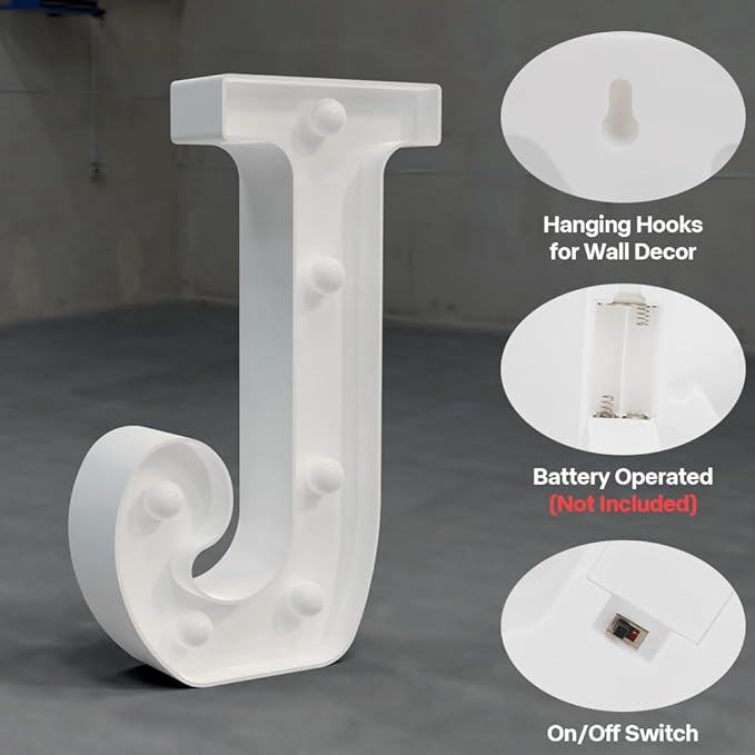 Marquee Lights, 26 Alphabet LED Letters, Battery Powered Night Lights, White Plastic for Engagement Party, Wedding, Baby Shower, Birthday - Letter J