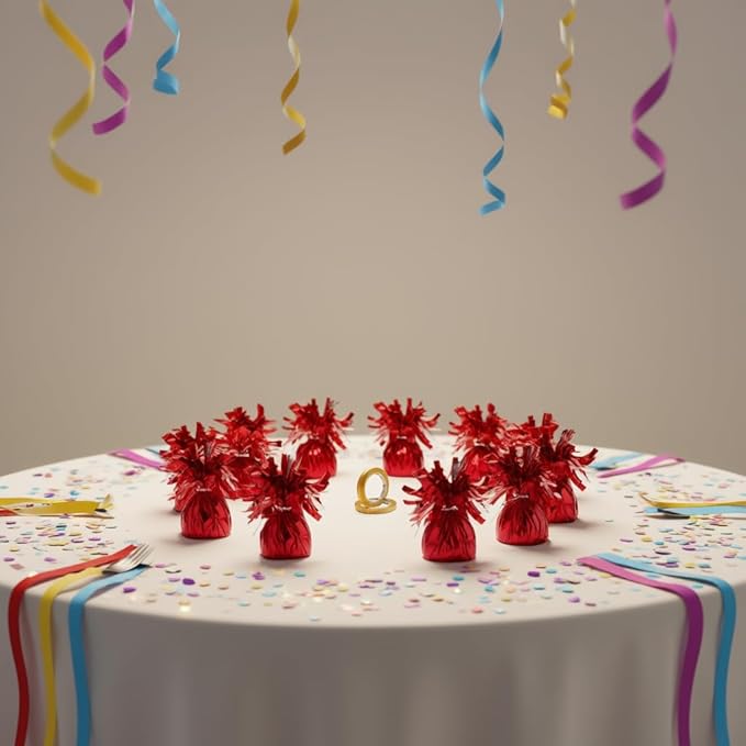 Aluminum Foil Balloon Weights for Parties (12 pcs) - 0.31lb (140g) Each - Premium Balloon Anchors for Birthday, Wedding, Dinner, Indoor & Outdoor Decorations(Red 12pcs)