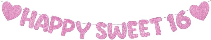 Fulmoon Pre Strung Happy Sweet 16 Banner Glitter Sixteenth Birthday Party Decorations 16th Party Sign Sweet 16 Party Decorations for Birthday Party Bachelorette Party(Pink)
