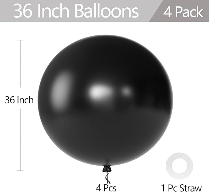 KALOR Black Giant Balloons 36 Inch Large Latex Balloons, 4 Pack Jumbo Round Helium Balloon for Birthday Bridal Shower Wedding Baby Shower Party Decorations