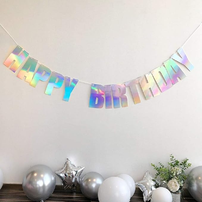 Pre-Strung Happy Birthday Sign - NO DIY - Holographic Hanging Banner Iridescent White Bunting String Flag Garland for Party Decorations (Holographic)
