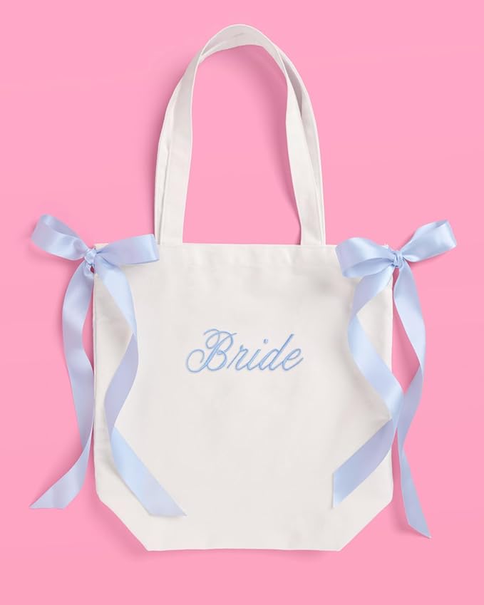 xo, Fetti White Bride Canvas Tote Bag, Blue Satin Bows | Bachelorette Party Decorations, Bride To Be Purse Accessory, Bridesmaid Gift, Bridal Shower Supplies, Engagement Party Favor