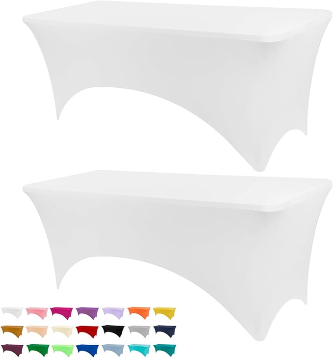 Table Covers for 6 Foot Tables, 2 Pack White Washable and Wrinkle Resistant Stretch Tablecloths Rectangle 6ft for Events, Wedding, Banquets, Parties