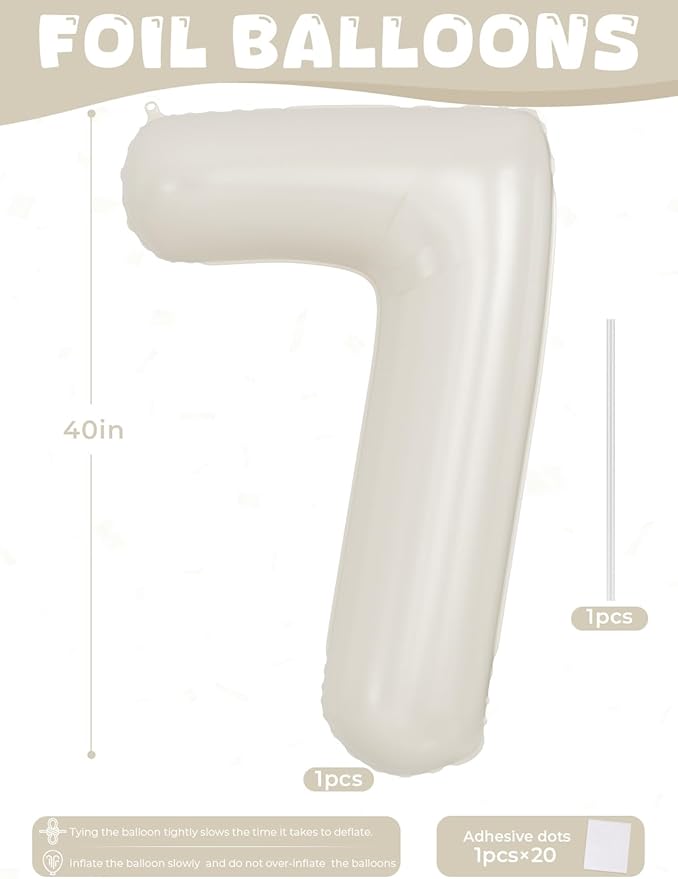 Cream Number 7 Balloons – 40 Inch Giant Foil Number Balloon, Light Cream Number Balloon for Birthday Anniversary Baby Shower Party Decorations