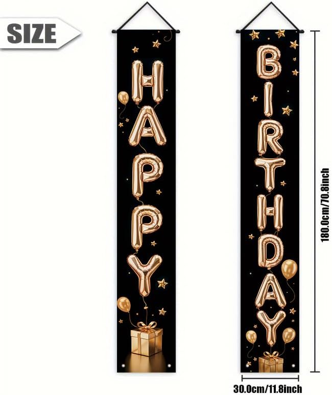 Birthday Decor Banner 12x71 Inches, Happy Birthday Door Hanging Sign, Black and Gold Party Decorations for Indoor Outdoor Celebration