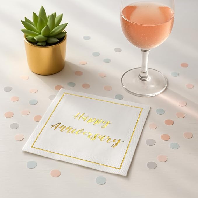 Happy Anniversary Decorations, 50 Pack, Gold Foil Cocktail Napkins, Wedding Dating Anniversaries Decorations Decor Supplies, Beverage Napkin