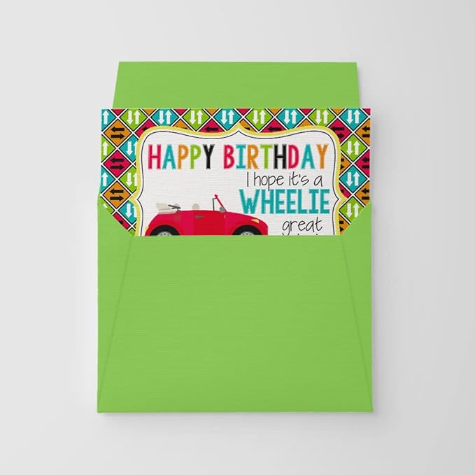 WHEELIE Great Car Birthday Pun Themed Single (1) All Occasion Blank Birthday Card To Send To Friends & Family, 4"x 6" (when folded) Fill In Greeting Note Card by AmandaCreation