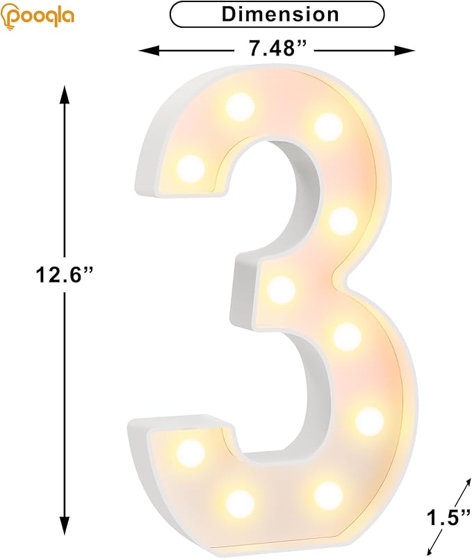 Pooqla Large Light Up Numbers for 3rd Birthday Decorations, 12.6 in Tall White Plastic Marquee Numbers Sign Party Decorations, Gift for Girls Boys Night Light Wedding Anniversary Decor, Big Number 3