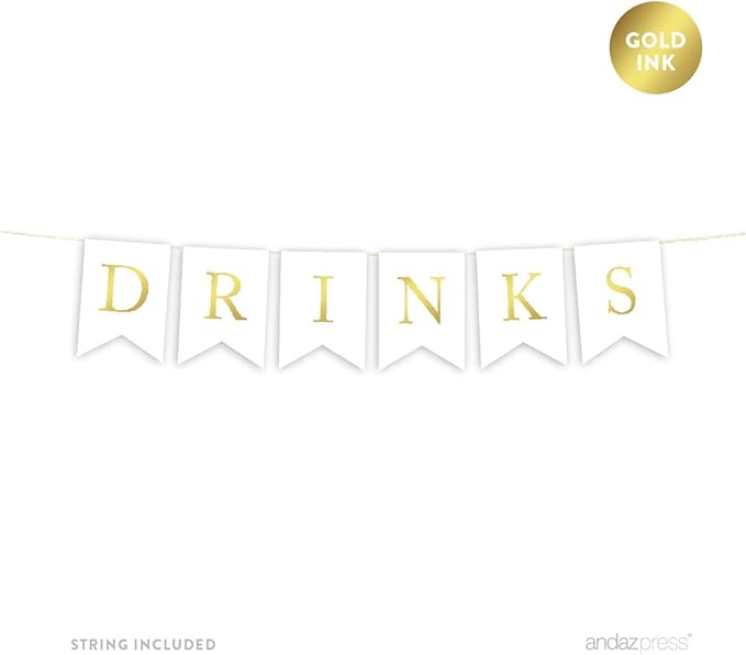 Andaz Press Hanging Bunting Pennant Party Banner with String, Metallic Gold Ink, Drinks, 2-Feet, 1-Set, Includes String
