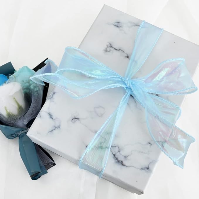 TONIFUL 1-1/2 Inch Wide Laser Light Sky Blue Wired Chiffon Ribbon Shimmer Sheer Organza Ribbons for Crafts Floral Bouquets Wedding Party Decorations Valentine's Day Gift Wrapping Bow Making (10yd)