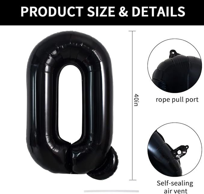 TONIFUL 40 Inch Large Black Q Letter Balloon - Jumbo Helium Foil Mylar Big Alphabet for 2026 New Year Eve Graduation Wedding Baby Shower Birthday Party Anniversary Supplies Decorations