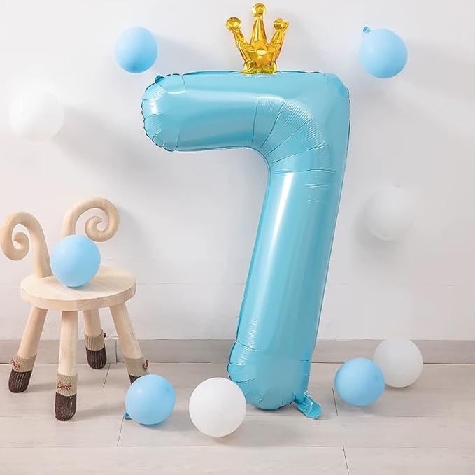 Blue Number 7 Balloon with Crown, 40 inch Blue Number Balloon 7th Birthday Party Decoration BlueCrown Balloons 0-9 for Birthday Party Anniversary Decorations Supplies