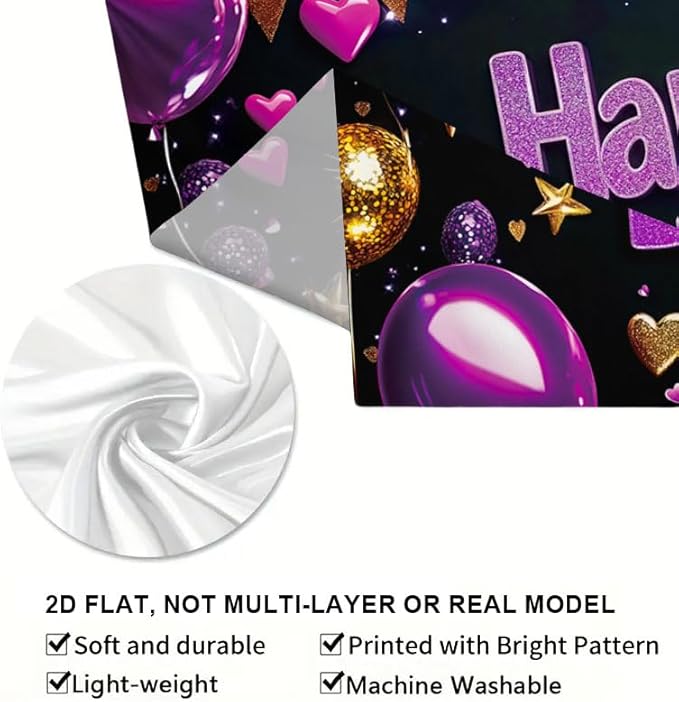 Birthday Banner 71 x 43 Inch, Large Happy Birthday Party Backdrop, Purple and Gold Glitter Birthday Decorations for Women Girls