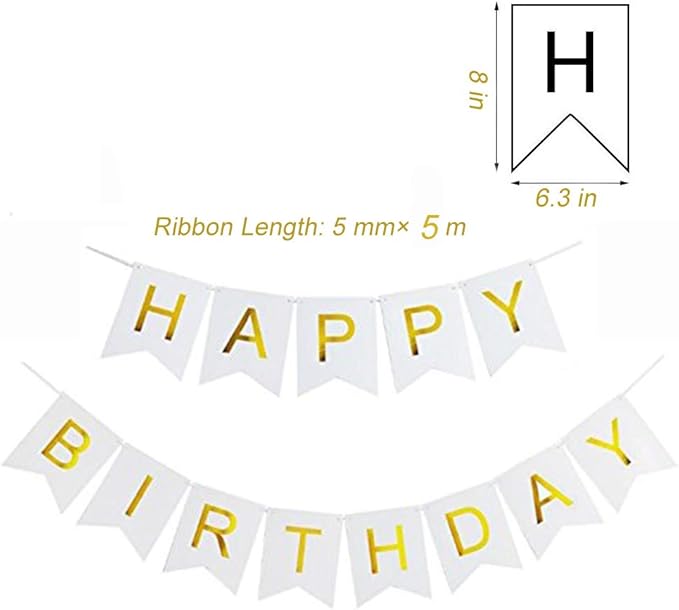 Tellpet White HAPPY BIRTHDAY Banner with 5 pcs Gold Confetti Balloons