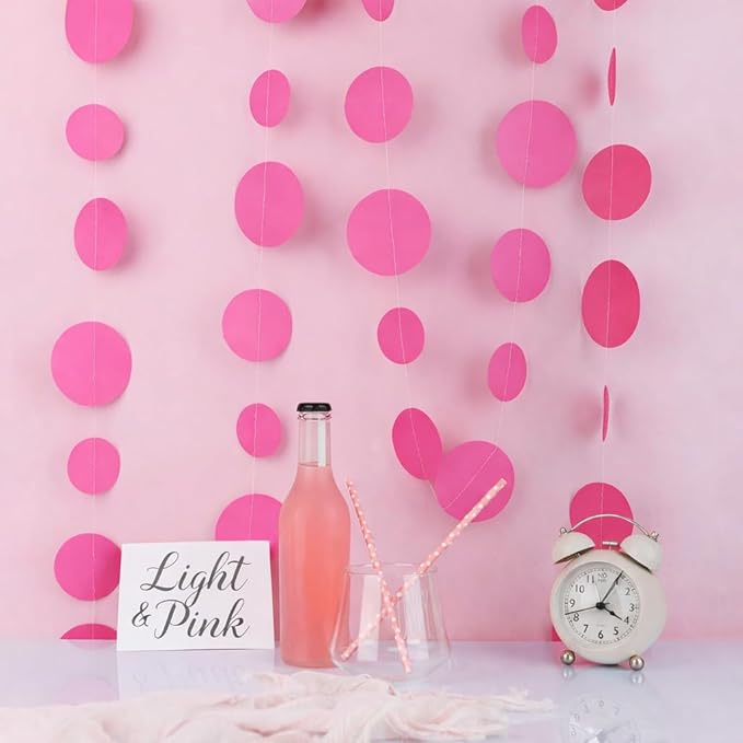 Hot Pink Paper Garland Circle Dot Party Banner Wall Streamers Backdrop Ceiling Hanging Decorations, 20 Feet in Total