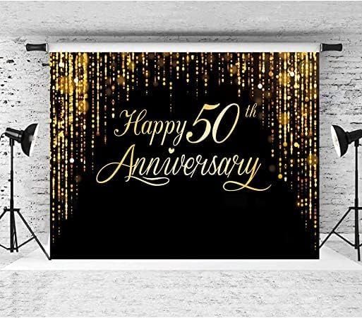 Anniversary Backdrop for Happy 50th Party, Black Gold Background Glitter Bokeh Dots Wedding Anniversary Party Photo Background Cake Table Extra Large Wall Decor Props (73'' x 50'')