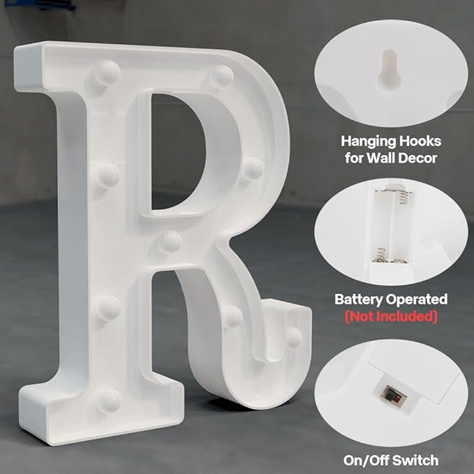 Light Up Letters Marquee, LED Alphabet Sign, White Plastic Battery Powered Night Lights for Parties (R)