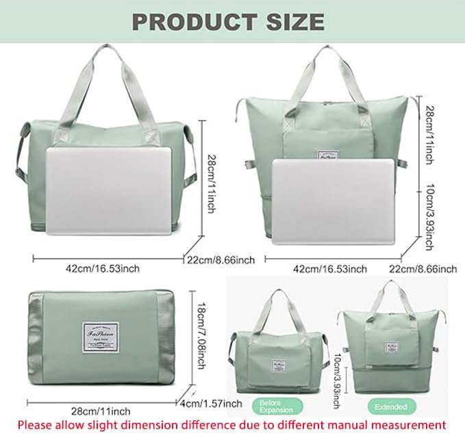 Large Capacity Folding Travel Bag, Lightweight Waterproof Luggage Bag, Expandable Travel Duffel Bag, Dry Wet Separated Gym Tote Bag, Weekender Overnight Bags for Women and Man (Light Green)