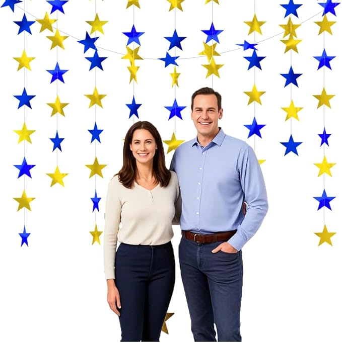 Blue Gold Shining Star Hanging Garland Blue Gold Hanging Sparkling Star Streamer Glitter Bunting Banner Twinkle Backdrop for Wedding Baby Shower Birthday Christmas Decorations 40 Feet