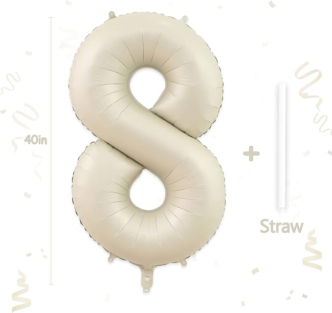 Number 8 Balloon, 8 Balloon, Number Balloons 40 Inch, Sand White Large Big Foil Number Balloons for Birthday Party Graduation Wedding Anniversary Baby Shower Bachelorette Decoration Supplies
