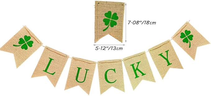 Lucky Shamrock Burlap Garland Banners for St.Patrick's Day Decorations Rustic Burlap Shamrock Clover Banner Garland for Irish Day, Office, Party Supplies Decor