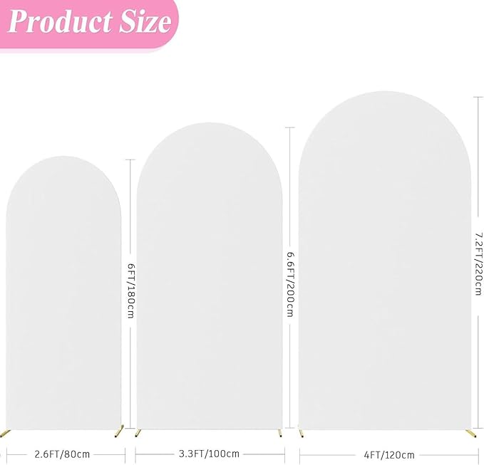 Wedding Arch Cover (7.2FT, 6.6FT, 6FT) Set of 3 Arch Backdrop Spandex Cover for Birthday Party Baby Shower Ceremony Banquet Decoration (White, 7.2FT,6.6FT,6FT)