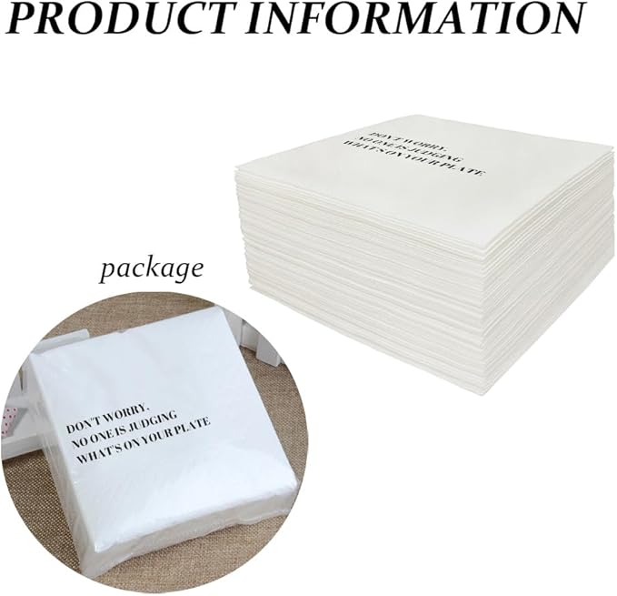 Funny Cocktail Napkins 100Pcs Funny Quotes Saying Disposable Paper Party Napkins 4.5 x 4.5 Two-ply (Don't worry, No one is Judging What's On Your Plate Napkins)