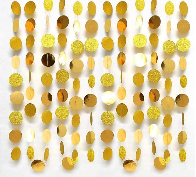 Gold Circle Dots Garlands Decorations, 52 Feet, Glitter Garland Hanging Banner for Christmas Party, Anniversaries, Wedding, Birthday Parties, Graduations Parties, Baby Shower(Gold)